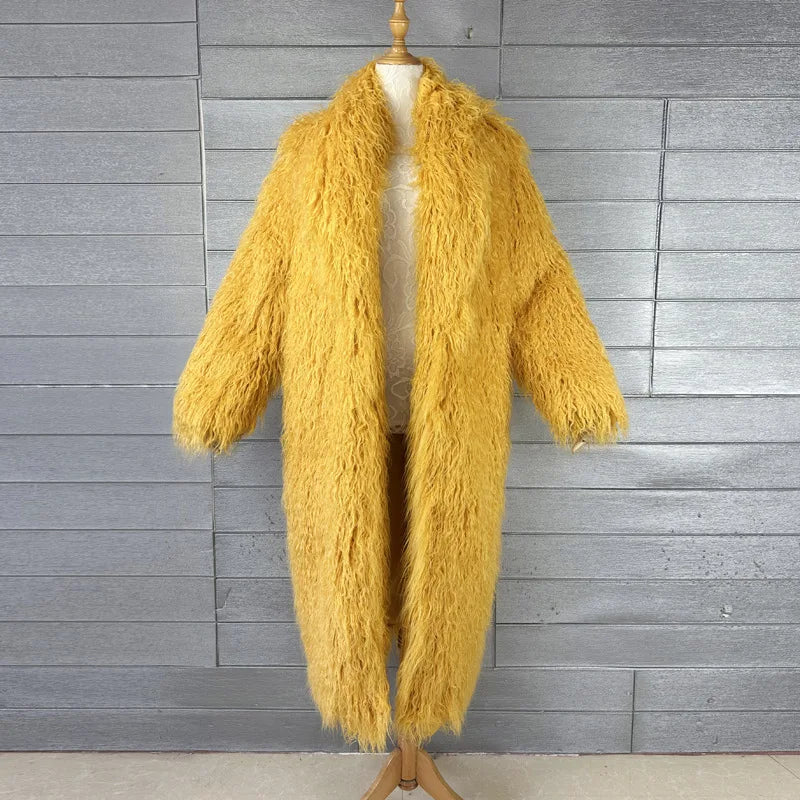 Women Faux Sheep Fur Long Coat Cardigan Thermal Loose Maxi Jackets Plush Coats Female Jacket Autumn Winter Furry Outerwear