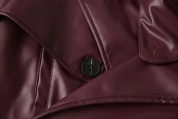 Vintage Lapel Leather Biker Jacket Women Bomber Jacket Short Coat Streetwear Zip Long Sleeve Windproof Outerwear Black Wine Red
