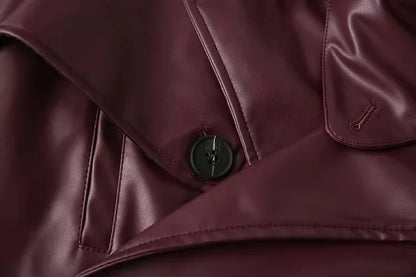 Vintage Lapel Leather Biker Jacket Women Bomber Jacket Short Coat Streetwear Zip Long Sleeve Windproof Outerwear Black Wine Red