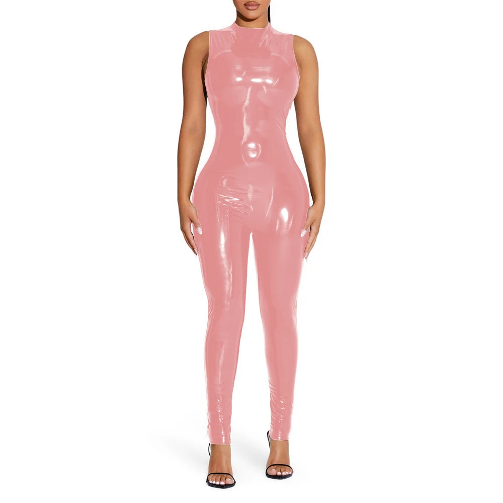 PVC Sleeveless Jumpsuit for Ladies, Wet Look, Shiny Patent Leather, O-Neck Bodycon, Tank Catsuit, Stretch Slim Rompers, Sexy