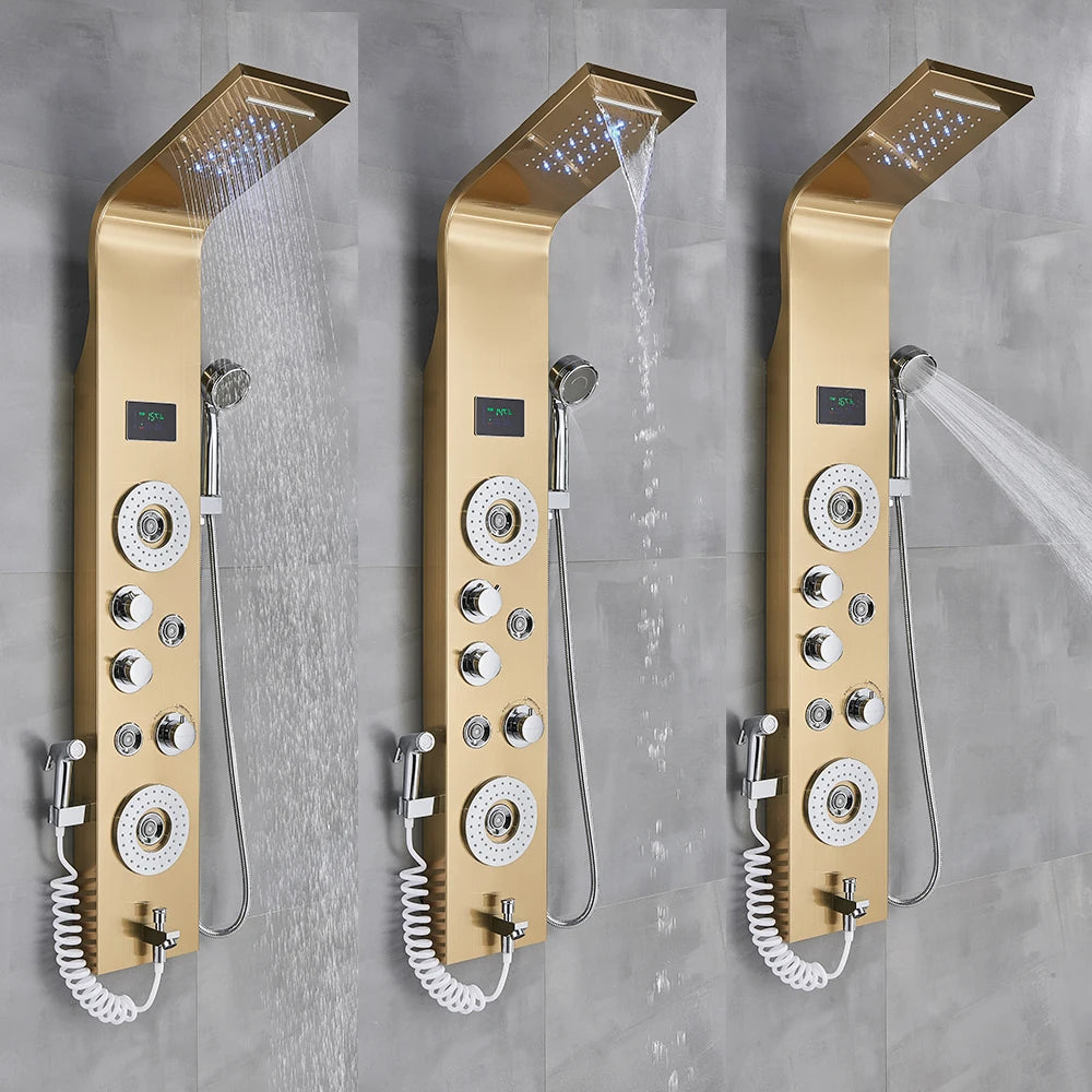 Black LED Light Shower Faucet Bathroom SPA Massage Jet Shower Column System Waterfall Rain Shower Panel Bidet Sprayer Tap