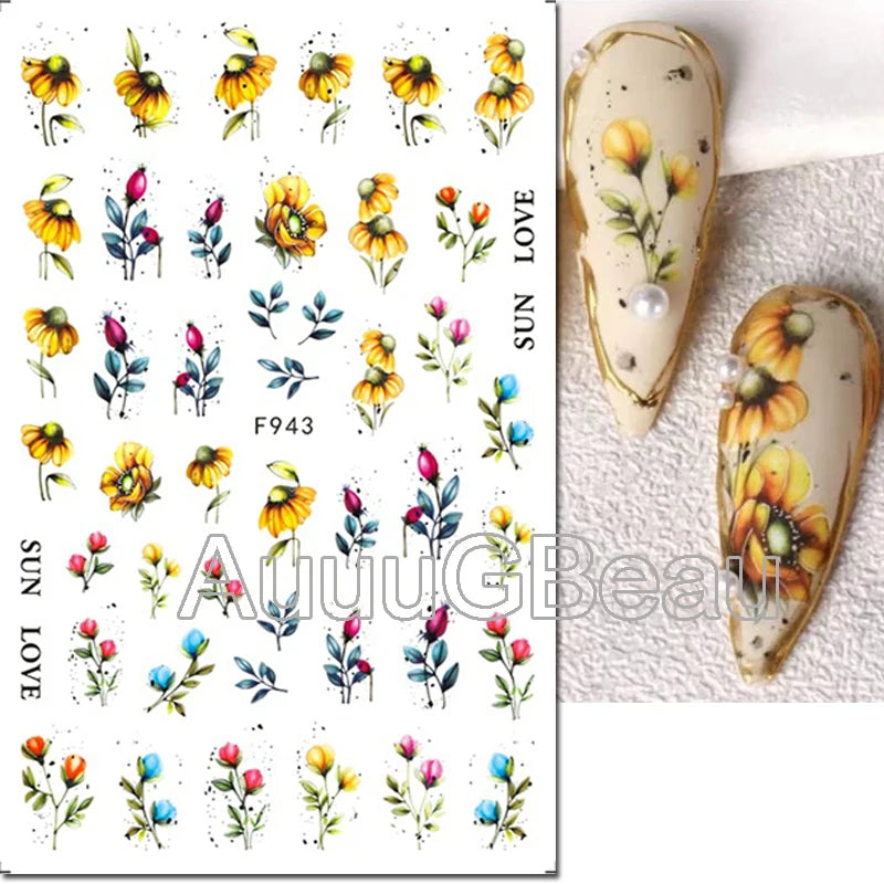 3d Nails Art Decals Spring Fruits Pink Full Tips Peony Magnolia Flowers Adhesive Sliders Stickers Decoration For Nails Manicure