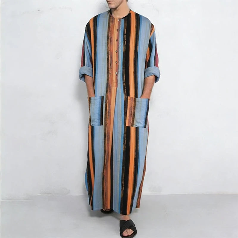 New Men Islam Qamis Muslim Striped Robes Long Sleeve Button-down Arabian Kaftan Suit Middle East Dubai Abaya Summer Man Clothing