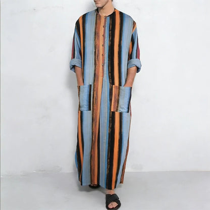 New Men Islam Qamis Muslim Striped Robes Long Sleeve Button-down Arabian Kaftan Suit Middle East Dubai Abaya Summer Man Clothing