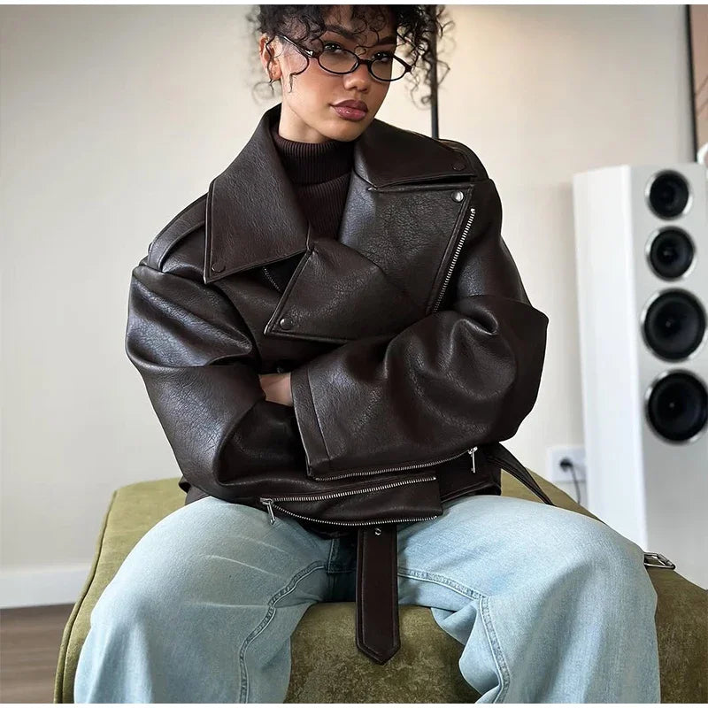 Retro Brown Lace Up Lapel Leather Jacket Women Fashion Zipper Pocket Full Sleeve Short Coat 2025 New Autumn High Street Outwears