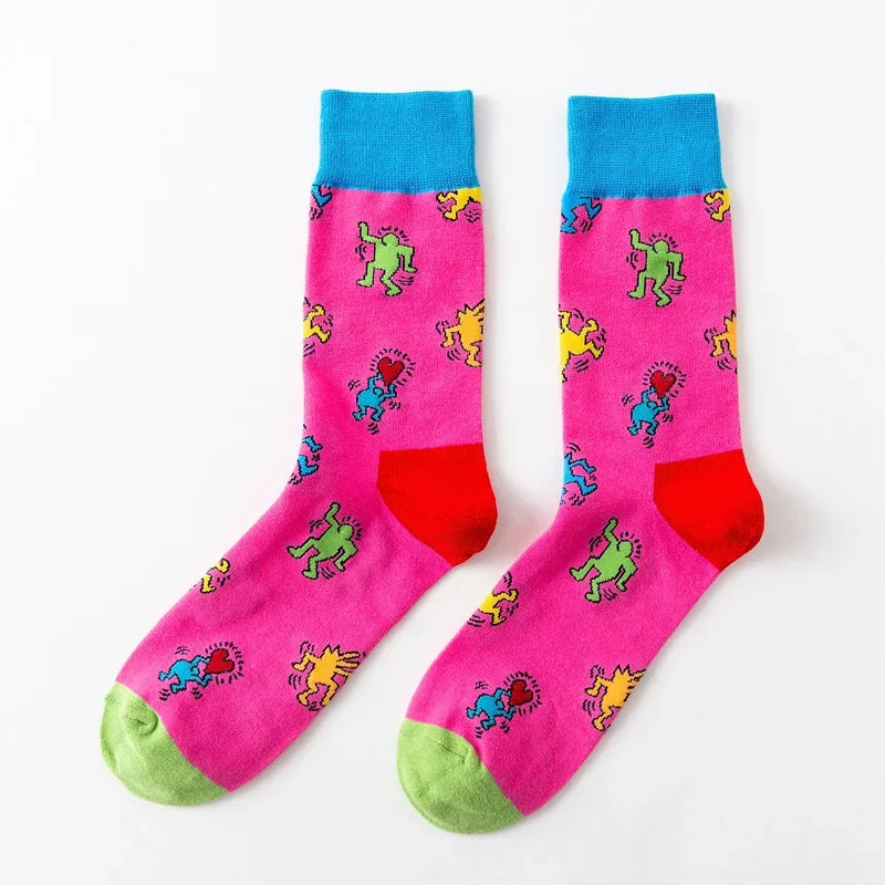 1Pair 35-44 Men Casual Cotton Sock Harajuku Cartoon Flamingo Loving Heart Cute Funny Character Japanese Socks