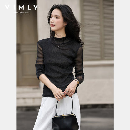 VIMLY Woman Knitting Sweater Slim Autumn 2026 Casual Female Long Sleeve Sweater Stand Neck Strecth Pullover Ladies Tops A2528