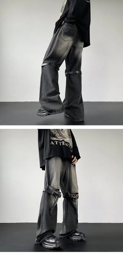 Men's Jeans Retro Trousers Knee Holes Splicing High Street Loose Denim Trousers Flared Jeans Straps Cowboy Casual Long Pants