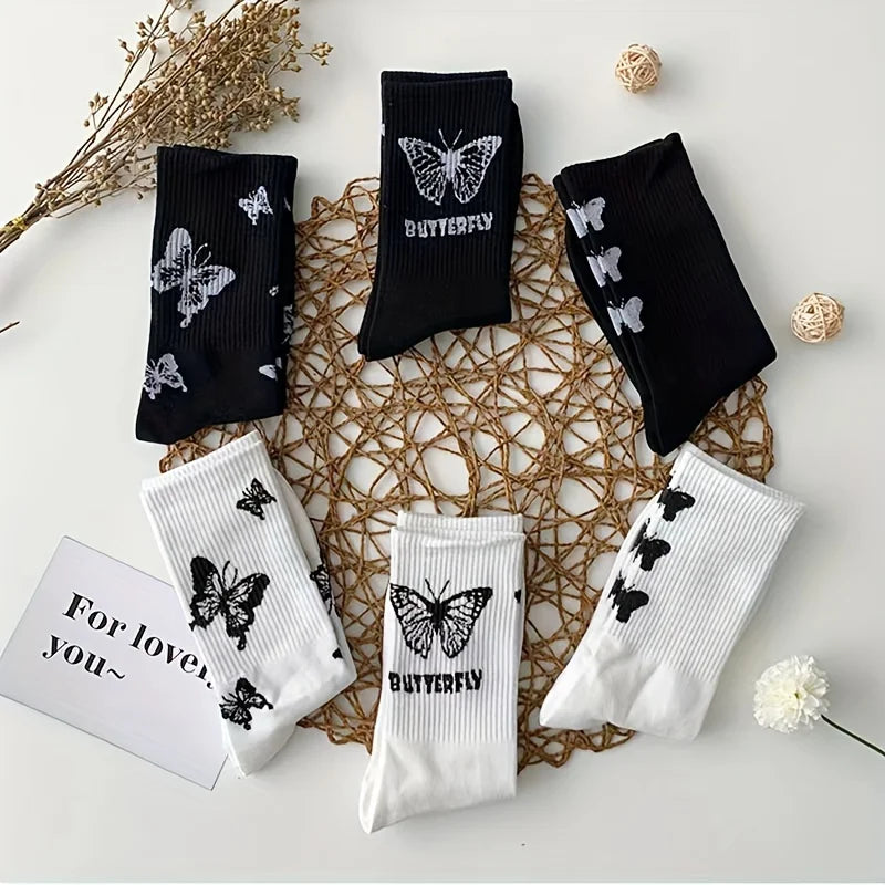 3/6/7 Pairs of Women Mid Length Stockings Set in Black And White With Butterfly Pattern Popular and versatile Sweat Absorption