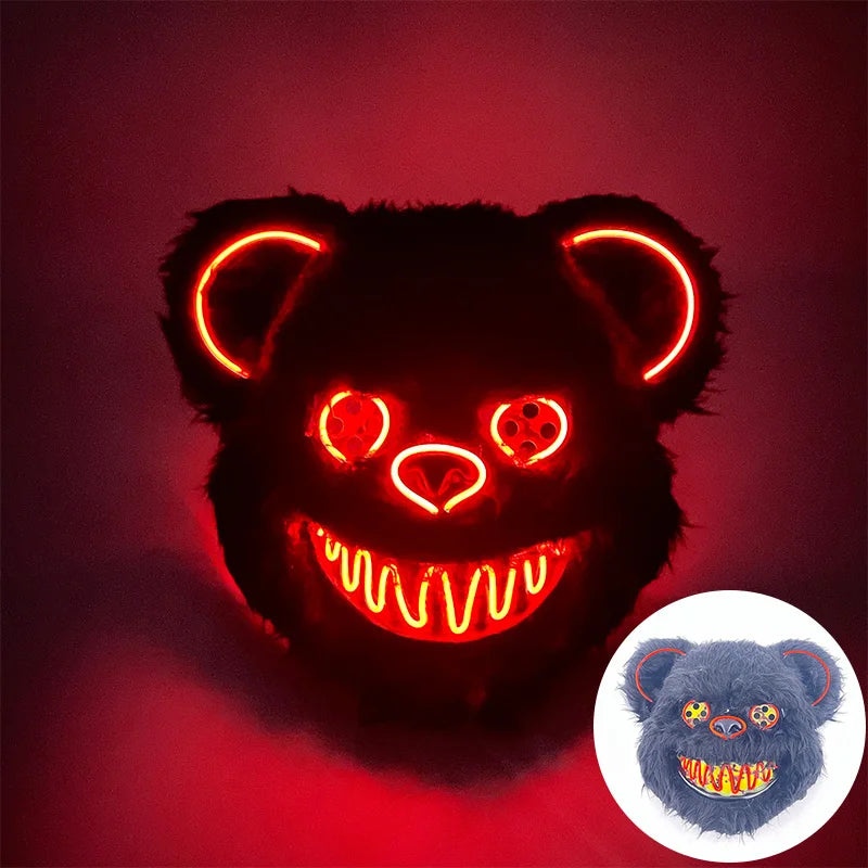 LED Bloody Rabbit Mask Glowing Killer Black Bear Mask Halloween Dance Party Cosplay Costume Props Assassinated Plush Rabbit Mask