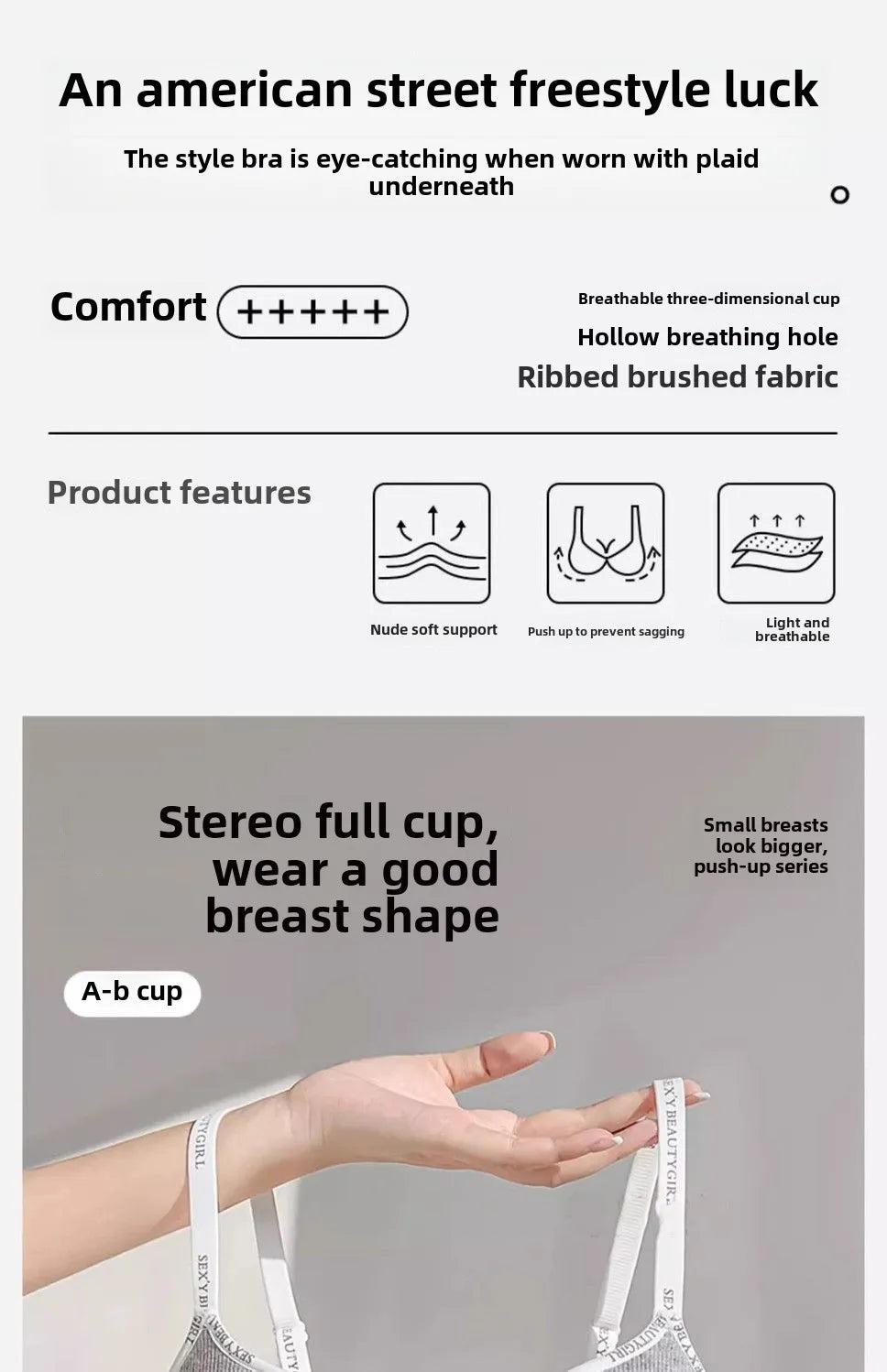 6cm Thickened Push-Up Bra for Small Chest Wireless No Steel Ring Letter Print Adjustable Straps Anti-Slip Pads Seamless Lingerie