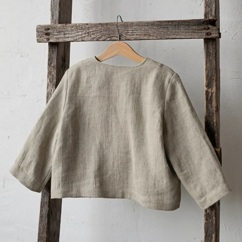 Spring Thin Retro Linen Jacket Children 2026 New Solid Color Single-Breasted Cardigan Casual Long-Sleeved Boys And Gilrs Coats