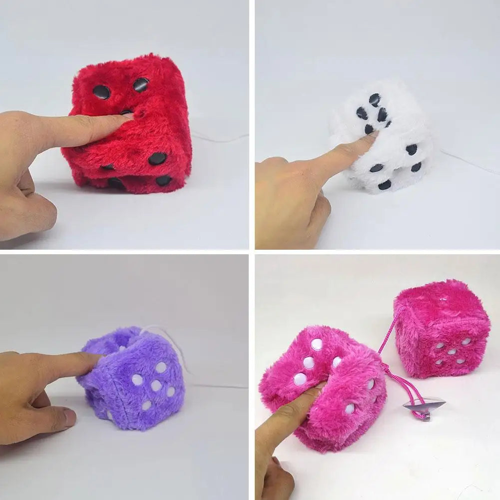 2pcs Big Long Hair Hot Stamping Dot Dice Plush Toy Cube Pendant Car Ornament Sieve Anime Car Decoration Accessories Auto Pendant