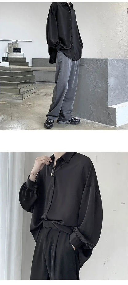 Korean Style Men's Long-sleeved Shirts Black Tie Cozy Casual Solid Oversize Blouses Breathable Loose Shirt Harajuku Male Clothes