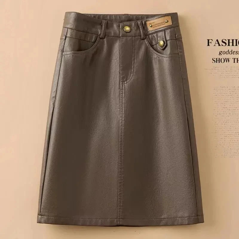 Spring Autumn Winter Leather Skirt Women New Fashion Black Brown High Waist PU A-Line Skirts Large Size S-5XL Female Midi Skirts