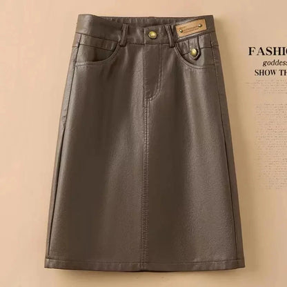 Spring Autumn Winter Leather Skirt Women New Fashion Black Brown High Waist PU A-Line Skirts Large Size S-5XL Female Midi Skirts
