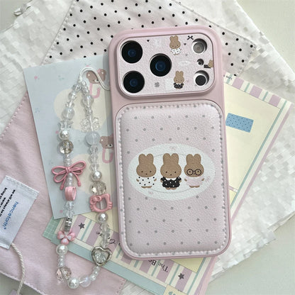 Polkadot Leather Funny Miffy Rabbit phone case for iPhone 15 Pro 14 13 16 Max 17 Pro Max Cover With Chain Cute Cartoon Cases Cap