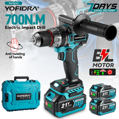 YOFIDRA 700N.M Brushless Electric Impact Drill Cordless Screwdriver Plates Soil WoodWorking Power Tool For Makita Battery Pin