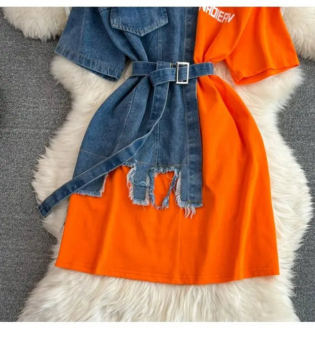 Retro Hong Kong Sle Chic Casual Mid-Length round Ne Patchwork Color Denim irt with Belt Spring New Women's Faion Top