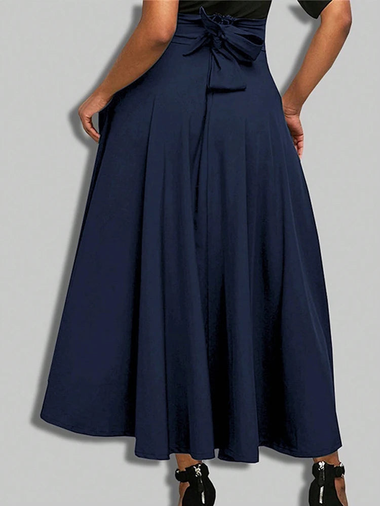 New In Dresses Solid Color A-line Skirts for Woman Clothing High Elastic Waist Long Skirt Women With Bow Elegant Women's Skirts