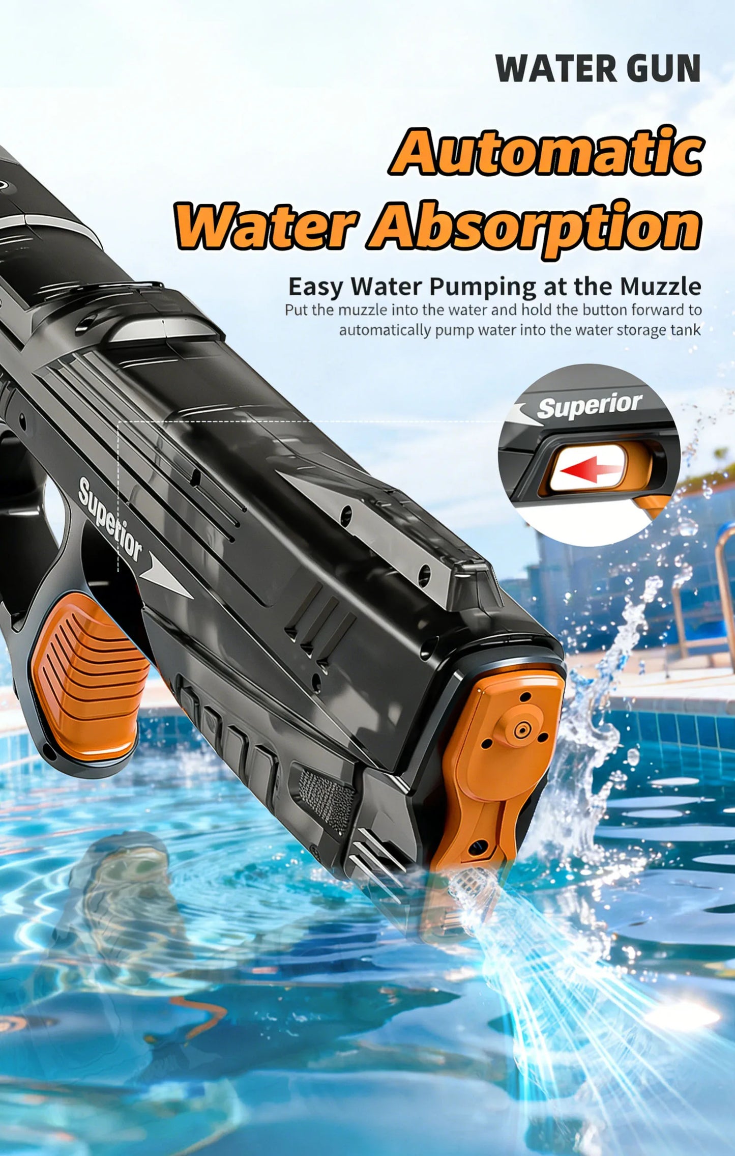 New Electric Water Guns Children Wholesale AutomaticWater Absorption Battery DisplayLarge Capacity Boys' Water PlayToyWater Gun