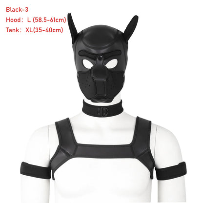 Large Size Puppy Cosplay Neoprene Fetish Hood Mask Kit with Chest Strap Collar Armband Sex Costumes for Bdsm Slave Role Play
