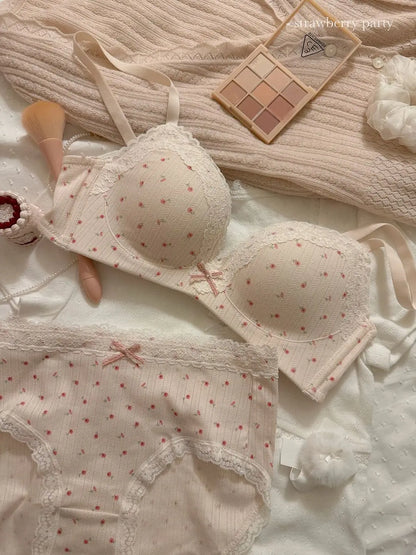 Teenage Sexy Lace Floral Bra Set Comfortable Non-steel Ring Beauty Back Small Breasts Gathered up Support Anti-Sagging Bra Set