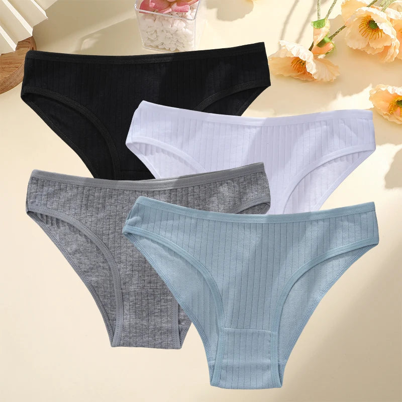 4PCS/SET Women's Cotton Panties Sexy Soft Striped Underpants 12 Solid Color Briefs Female Comfortable Stretch Lingerie M-XL