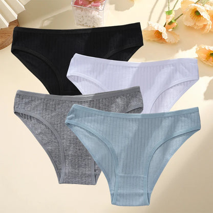 4PCS/SET Women's Cotton Panties Sexy Soft Striped Underpants 12 Solid Color Briefs Female Comfortable Stretch Lingerie M-XL