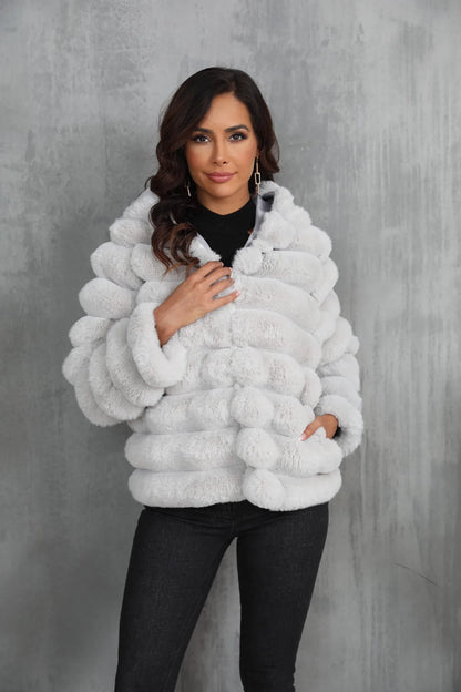 2026 Faux Fur Women Coats Hooded Full Sleeve Short Coat Zipper Thick Warm Solid Temperament Elegant Splice Autumn Winter
