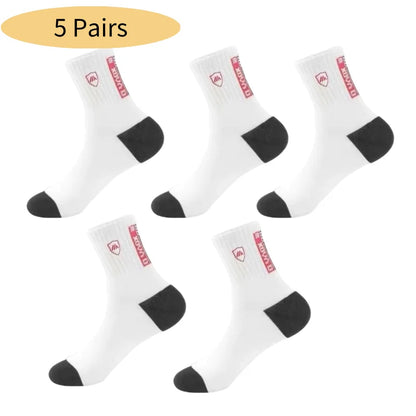 5 Pairs Cotton Sock for Men Sport Breathable Soft Letter Fashion Sneakers High Elastic Middle Tube Stocking Towel Sox Summer