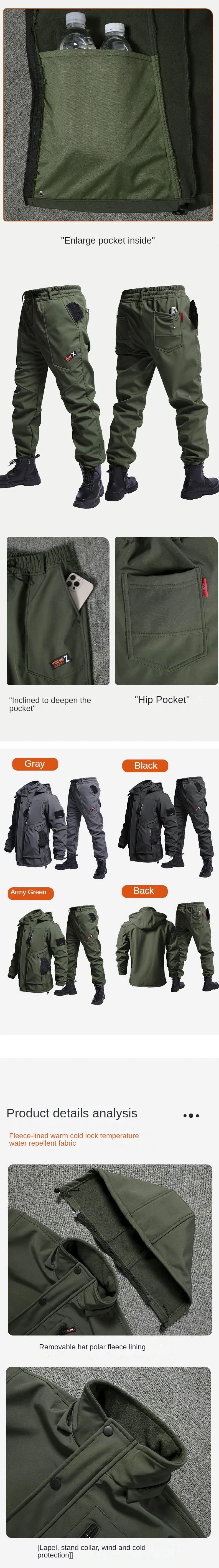 Autumn And Winter Solid Color Hooded And Velvet Assault Set Outdoor Labor Protection Suit Casual Mountaineering Work Suit