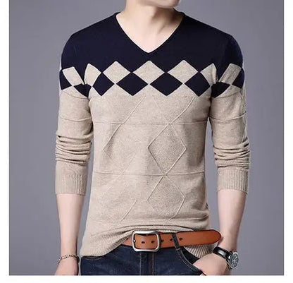 Autumn Winter New Men V-neck Pullover Sweaters Plaid Casual Korean Clothing Tees Fashion Slim Long Sleeve Bottoming Knitted Tops
