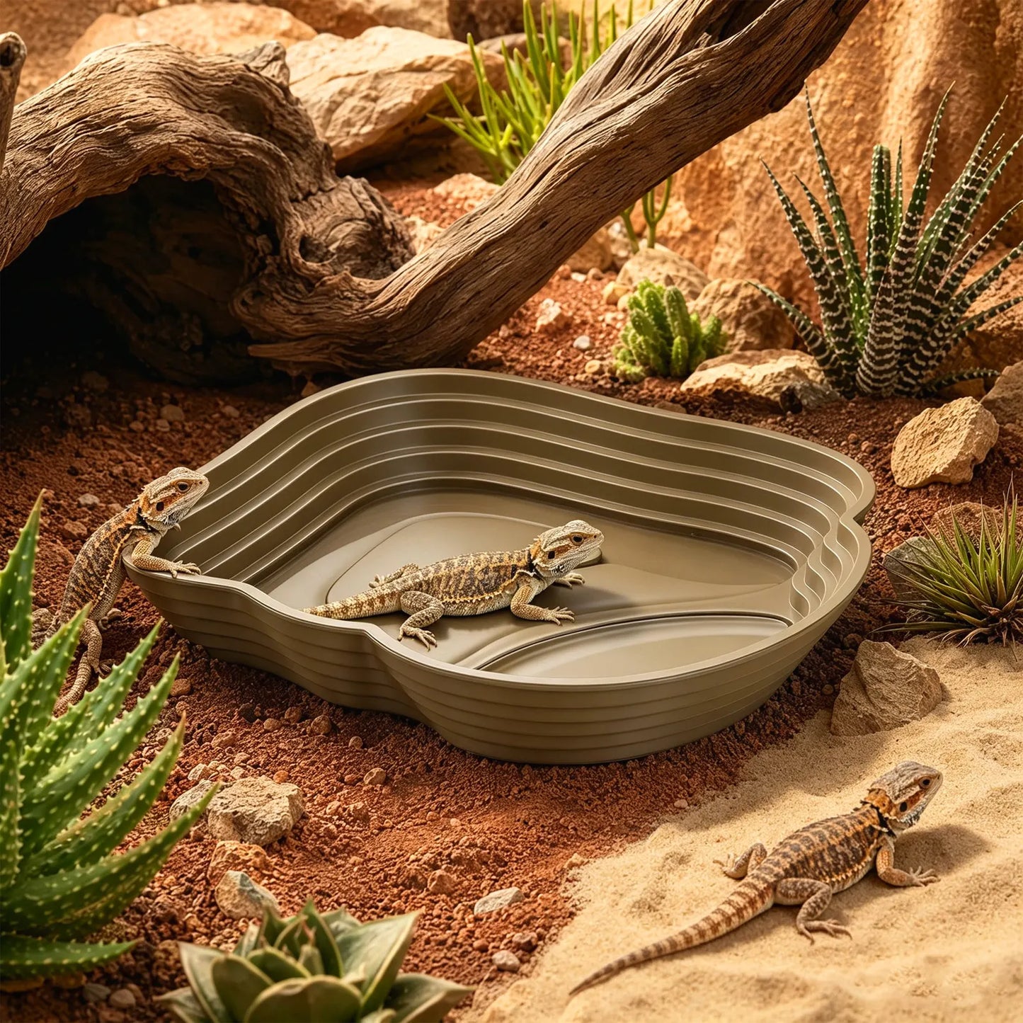 Reptile Bathing Pool Turtle Feeding Dish 9.45in Dark Brown Plastic Splashproof Reptile Water Tray Feeder Bowl for Bearded Dragon