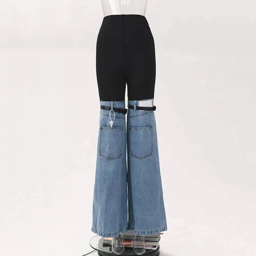 LGRQ Denim Patchwork Pants For Women Fashion New High Waist Contrast Color Belt Straight Pant Female 2026 Summer New 17A2013H