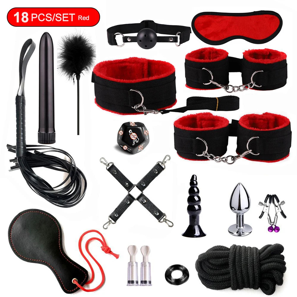 Hot Exotic Bed Bondage Set BDSM Kits Exotic Sex Toys For Women  Adults Games Leather Handcuffs Whip Gag Nipple Clamps Sex Shop