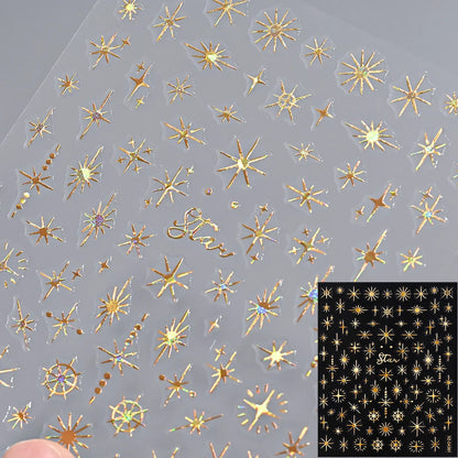12Pcs 3D Gold Star Moon Sun Nail Stickers 10*8cm Y2K Starlight Self-adhesive Nail Decals Snake Cat Slider DIY Manicure Accessory