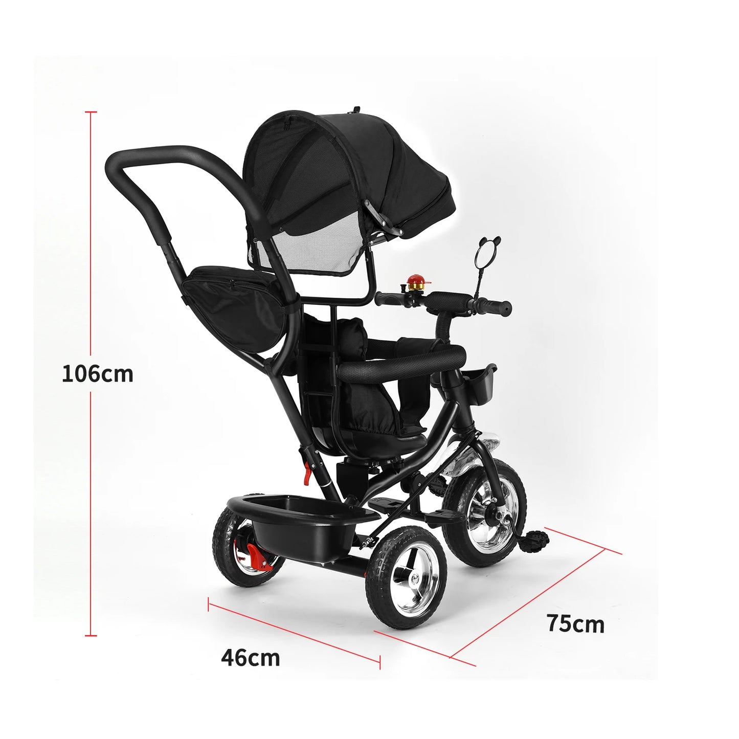 Baby scalable Tricycle 1 to 5 years, bike for elderly plus children, reversible seat, large basket and bag, larger wheels, with thrust handle, green/pink/black/red/blue/gray