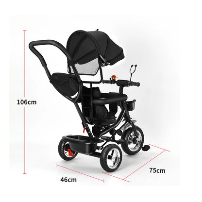 Baby scalable Tricycle 1 to 5 years, bike for elderly plus children, reversible seat, large basket and bag, larger wheels, with thrust handle, green/pink/black/red/blue/gray