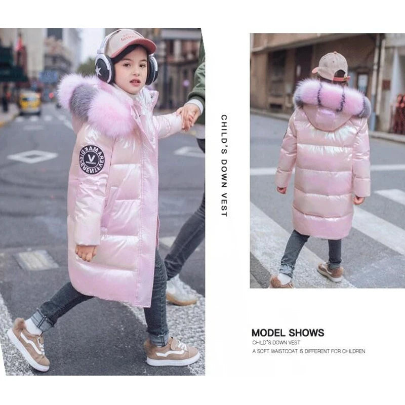 Winter Girls Shiny Hooded Down Jacket Fur Collar Windproof Coat Teenage Outerwear Kids Parka Snowsuit Clothing New 5-14 Years