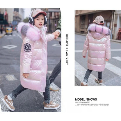 Winter Girls Shiny Hooded Down Jacket Fur Collar Windproof Coat Teenage Outerwear Kids Parka Snowsuit Clothing New 5-14 Years