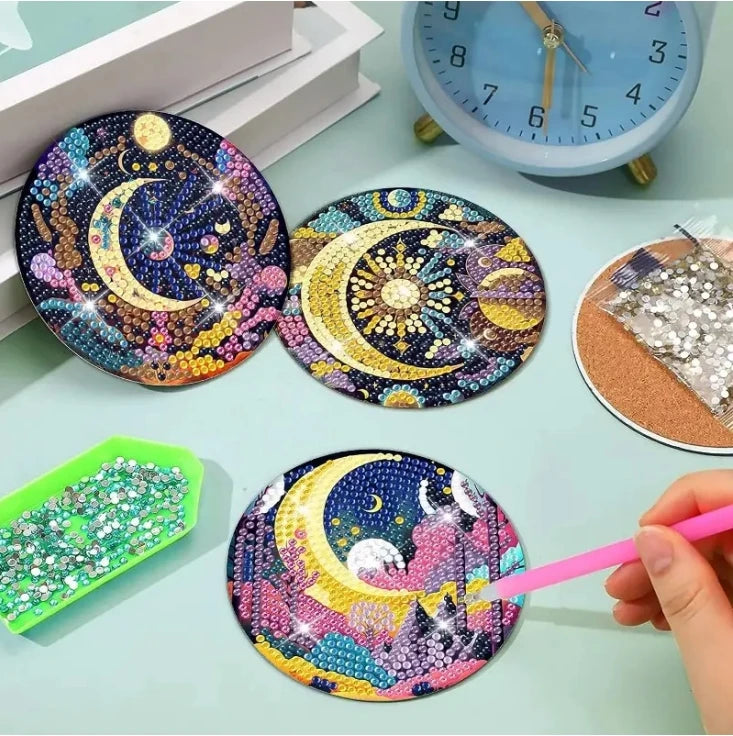 8pcs/Set DIY Diamond Painting Coasters with Holder Anti Slip Wood Drip Mats Crystal Rhinestones Diamond Art Coasters for Adults