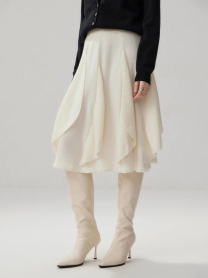 French 100% Pure Cashmere Skirt Ruffle Irregular A-line Soild Midi Sirt Autumn Winter Women Elegant Pleated  Knit Dress Fashion