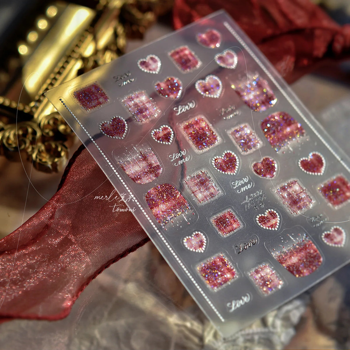 Gold Totem Red Heart Nail Art Stickers Aurora Holographic Star Moon Butterfly 5D Self Adhesive Nail Art RhinestoneS Stickers DIY