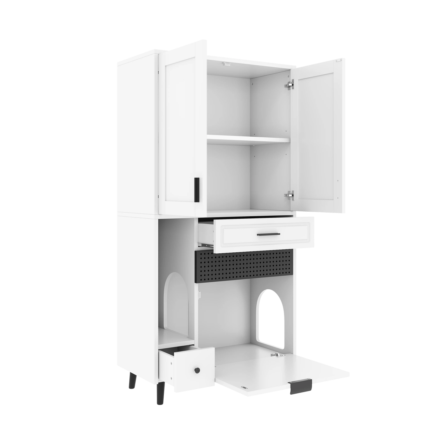 Multifunctional Cat Storage Cabinet with Stable Construction, Adjustable Shelves, Drawers, and Cat Bed Area – Cozy Activity Space for Cats, Pet Furniture with Arch Openings