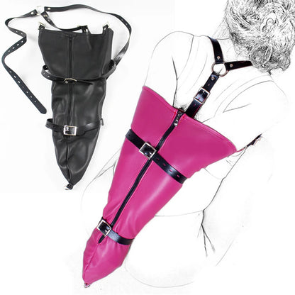 Leather Tight Single Glove Straight Arm Binder Over Shoulder Straps BDSM Bondage Arm Cuffs Zipper Body Harness Adult Roleplay