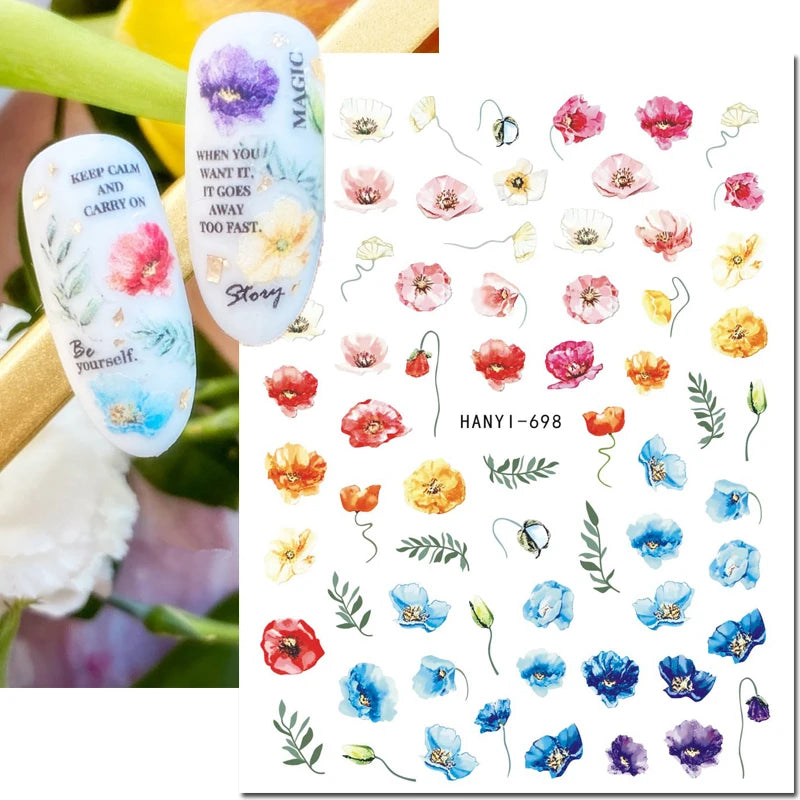 3d Nail Art Decals Elegant White RoyalBlue Roses Flowers Adhesive Sliders Nail Stickers Decoration For Nail Manicure