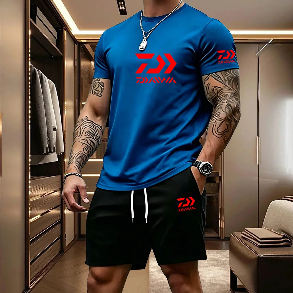 2026 Summer Men's Short Sleeved T-shirt Drawstring Shorts Set Breathable Outdoor Sports Set Men's Daily Fishing Suit