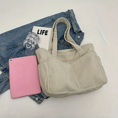 Large Capacity Women's Corduroy Tote Bag Casual Striped Shoulder Bag with Fixed Straps Zipper Handbag for Daily Commuting