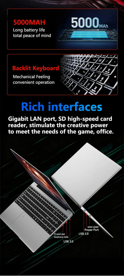 15.6" HOT Laptop 32GB DDR3 512GB 1TB 2TB SSD Windows11 Notebook Pc Gamer Intel 6500Y Office Computer with Backlit Fingerprint